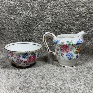 Crown Staffordshire Springtime Creamer and Sugar Bowl Set Butterfly Bone China